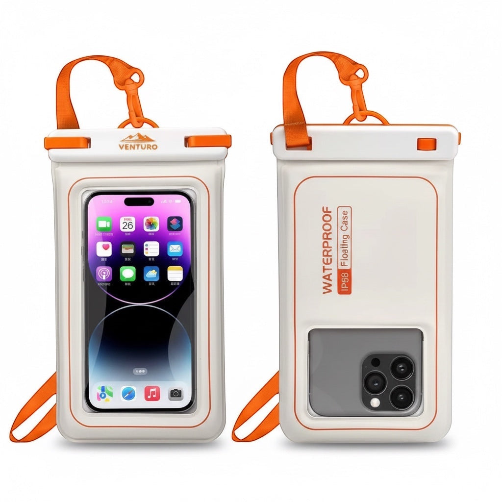 Venturo waterproof floating phone pouch in white with orange trim, featuring an adjustable lanyard and clear window.