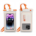 Venturo waterproof floating phone pouch in white with orange trim, featuring an adjustable lanyard and clear window.