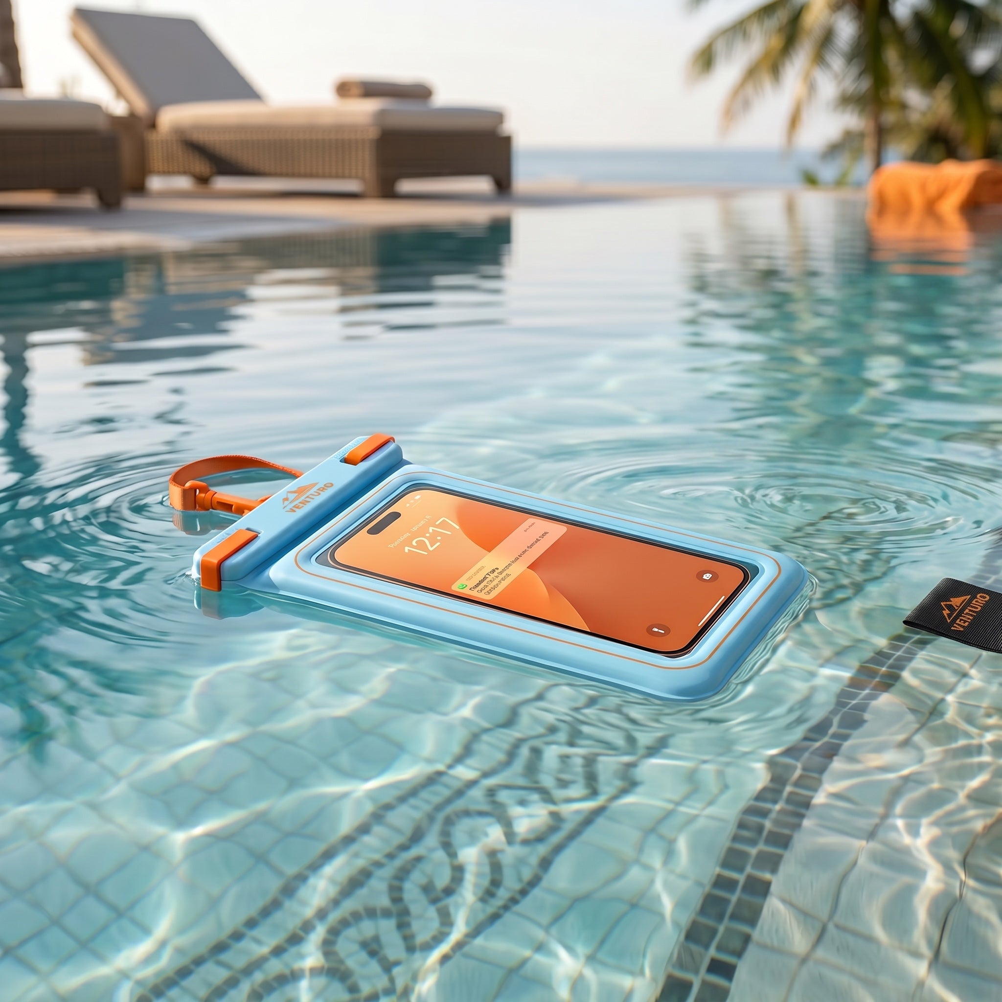Venturo waterproof floating phone pouch in light blue with orange accents, floating in a swimming pool.