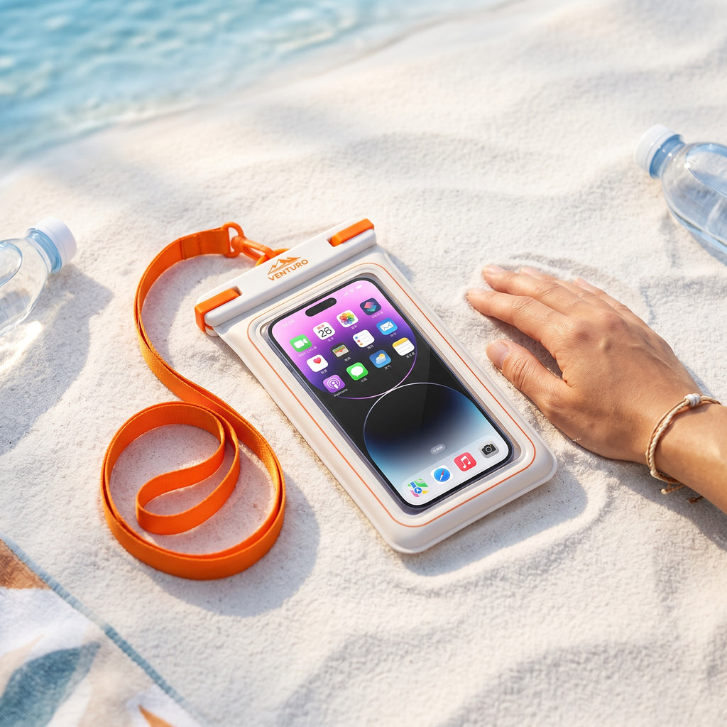 Venturo waterproof floating phone pouch with orange lanyard on white sand near water, showing a clear touchscreen.
